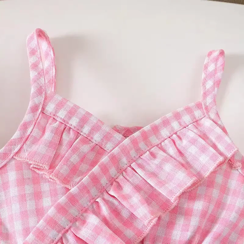Girls Summer 2 Piece Set Pink Plaid Suspender Top Bow Knot Denim Shorts Kids Fashion Matching Outfit 90-140CM