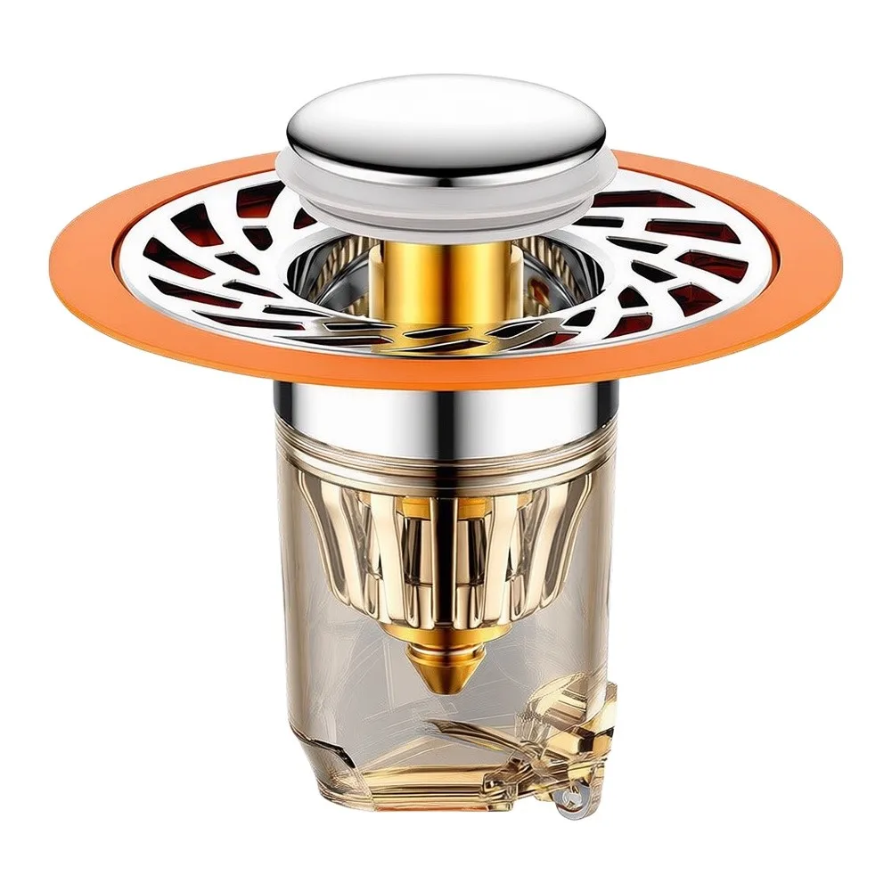 Stainless Steel Sink Drain Strainer for Kitchen and Bathroom with Easy-Push Button Mechanism Orange 7.4 x 5.8 x 3.3 cm