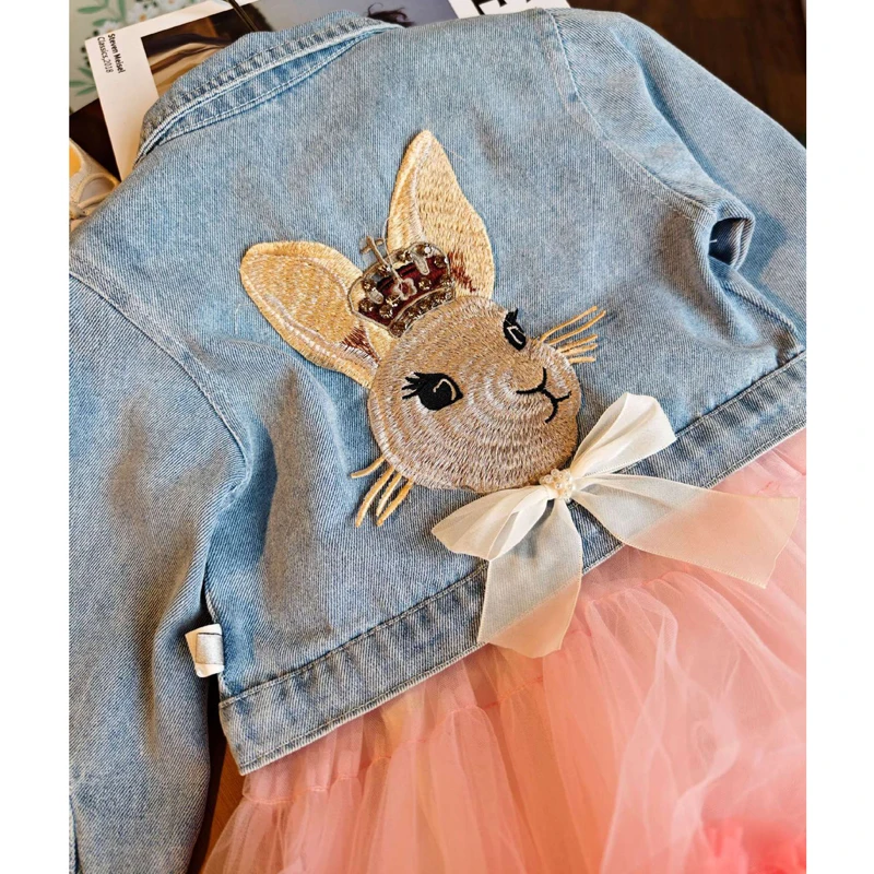 3 4 5 6 8 Years Girls Clothing Set Spring Autumn Cute Cartoon Rabbit Denim Coat+Mesh Princess Dress 2Pcs For Kids Fashion Outfit