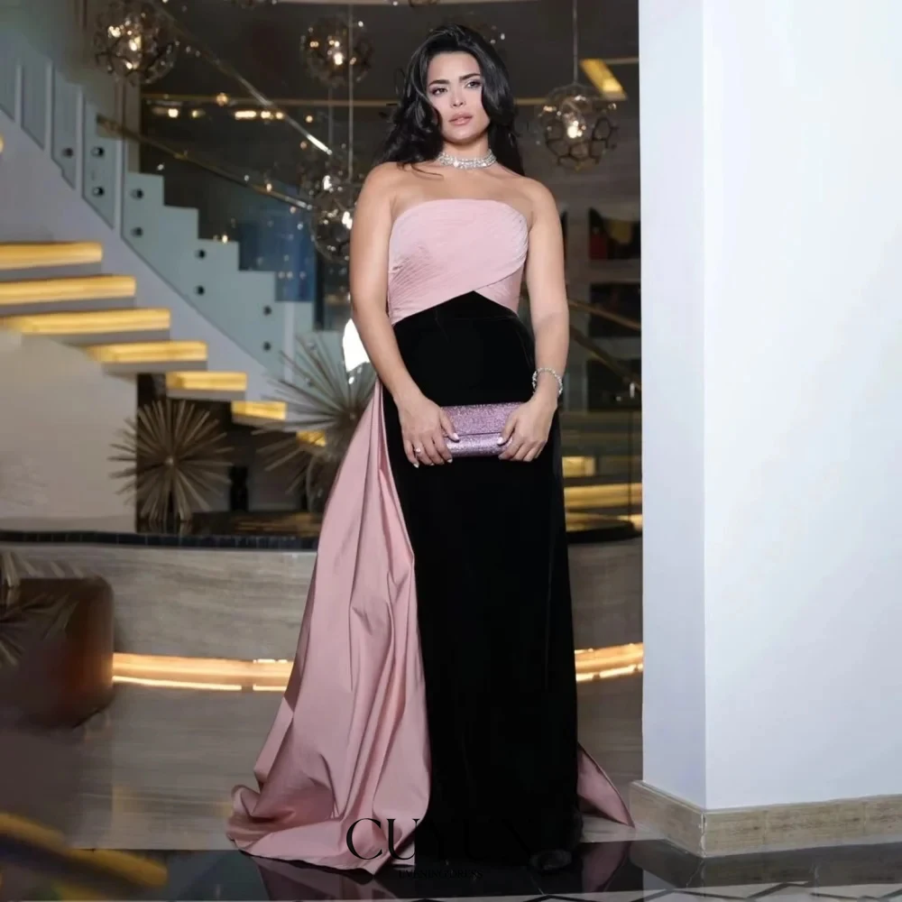 

CUYUN Elegant Strapless Evening Dresses Women Black and Pink Long Prom Gown Customized Formal Dresses for Banquet
