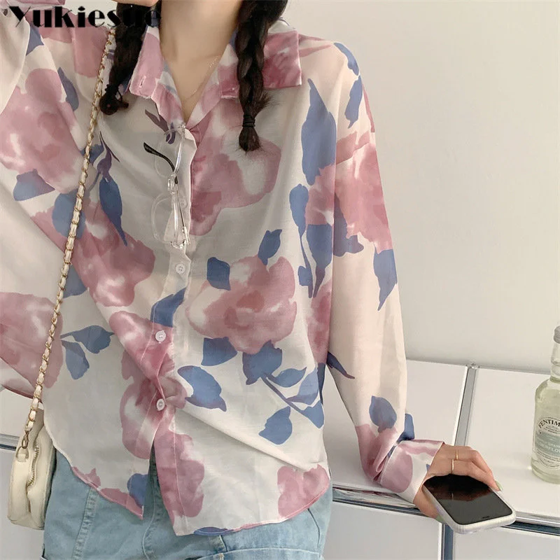 

Elegant Fashion Temperament Blouse Lady Buttons Top Spring Summer Polo-neck Floral Print Sweet Chiffon Shirt Women Long Sleeve