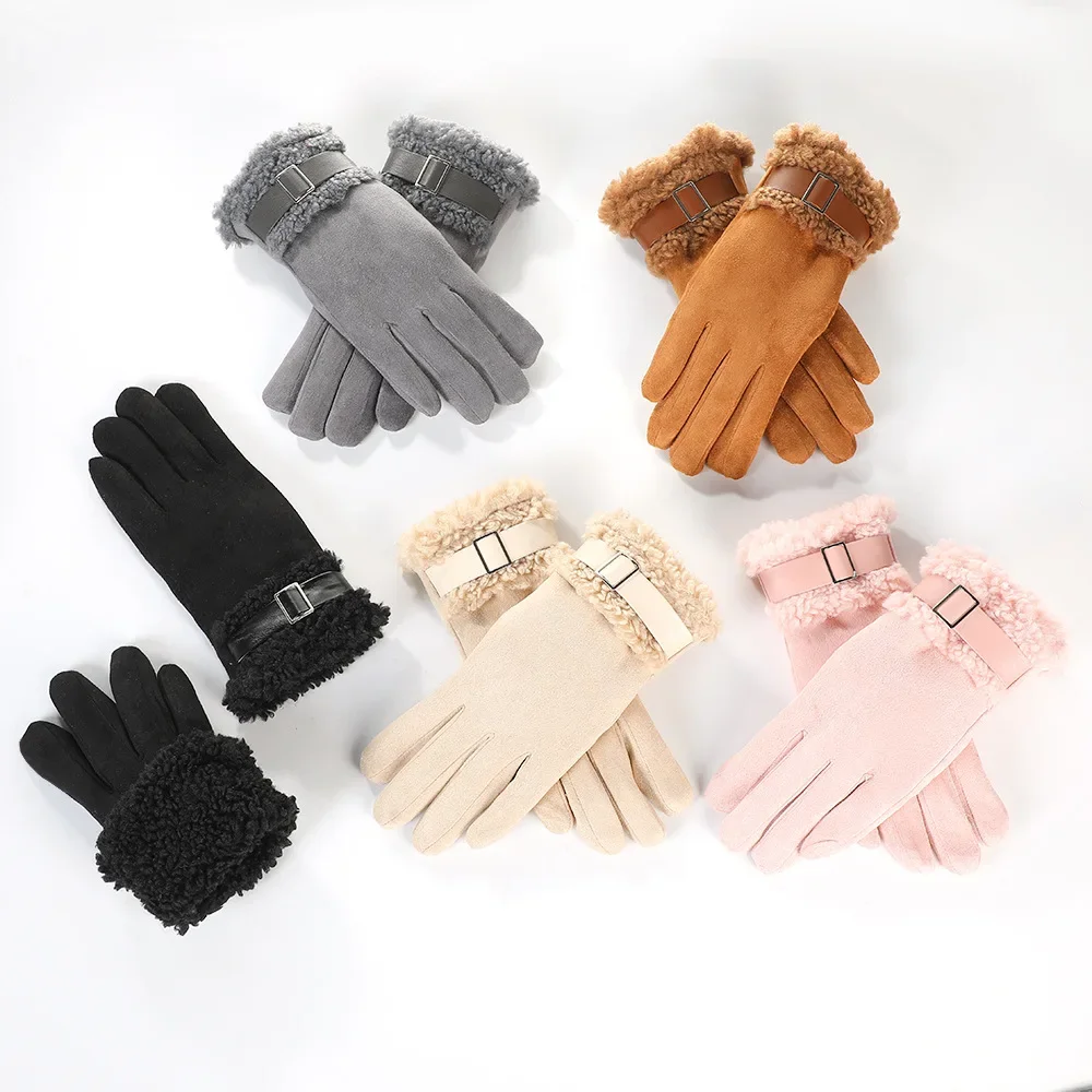 แฟชั่นหนังนิ่มผู้หญิงขนแกะถุงมือป้องกันความเย็นหน้าจอสัมผัสขี่จักรยานMittens Windproofหนาถุงมือสกีกลางแจ้ง