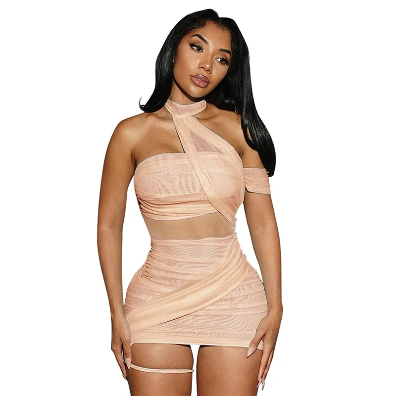 Europese en Amerikaanse dameskleding effen kleur mesh kant halter backless asymmetrische geplooide heupknuffelende korte rokjurk