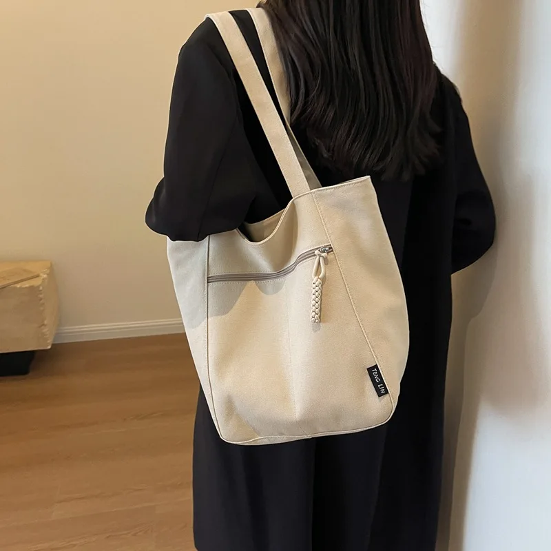 2024 New Solid Color Retro Canvas Shopping Bag Casual and Simple Korean Fashion Texture Tote Bag Student Portable Shoulder Bag