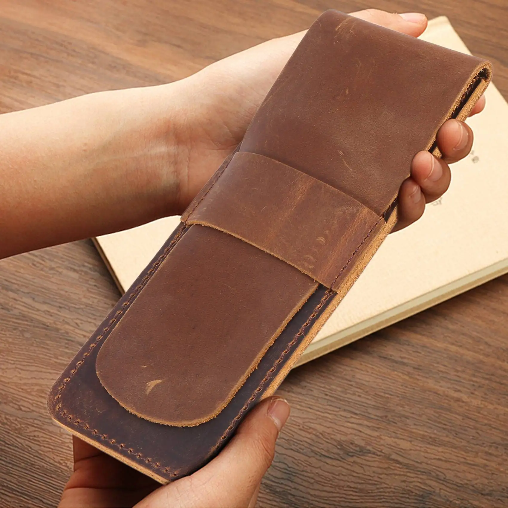 (WSFS) Handmade Leather Pencil Storage Bag Cowhide Fountain Pen Case Holder Vintage Retro Accessories for Travel Journal A - view 3