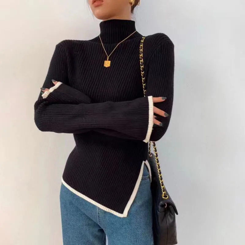 

Women's Turtleneck Sweater and Pullover Winter 2023 New Side Slit Knitted Sweaters Female Long Flare Sleeve Knitwears