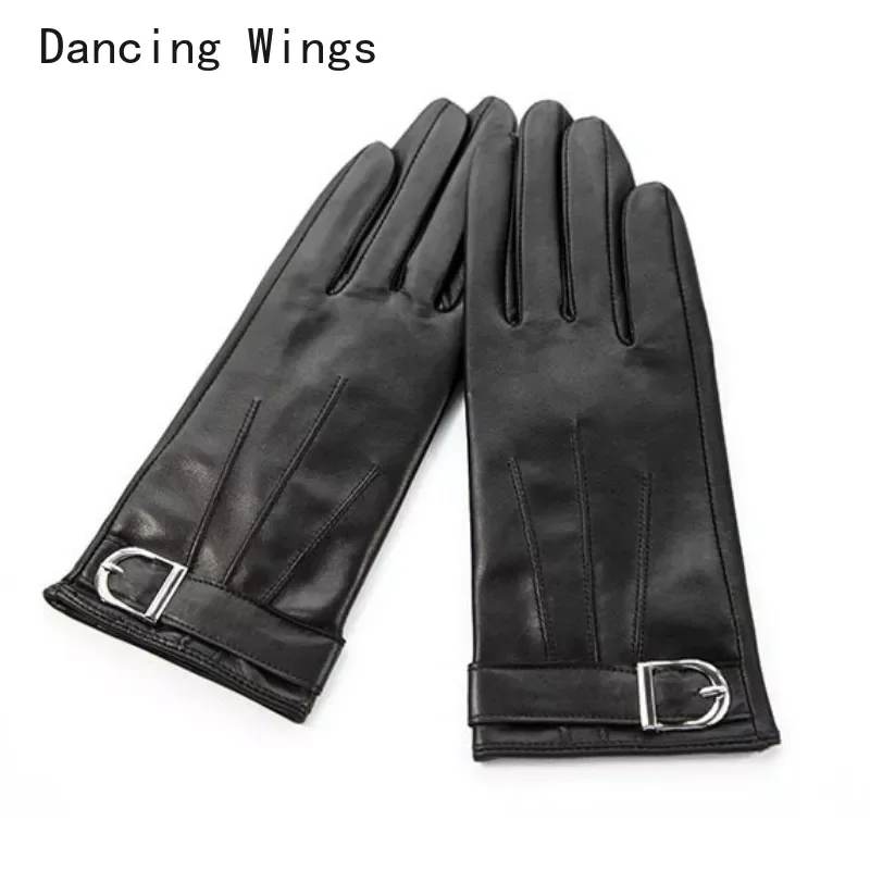 Real Leather Women Gloves Fashion Wrist Metal Buckle Thermal Autumn Winter Classic Black Sheepskin Driving Gloves Female