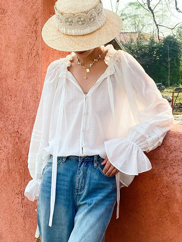 

Ele Long Sve Women's irt Faionable Design French Sle Loose Fit Silk Cotton Material V-Neline Women's Premium S...