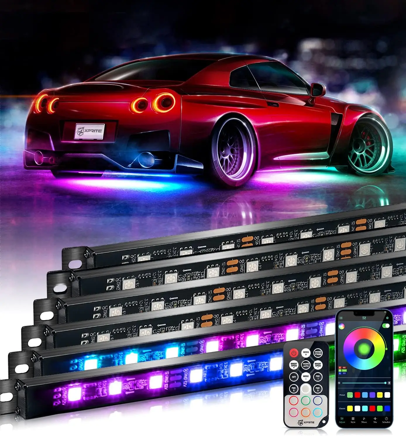 

Ambient light Car Underglow Neon Accent Strip Lights 256 LEDs RGB Multi Color DIY Sound Active Function Music Mode with APP