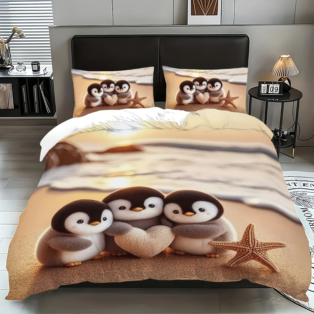 3pcs set (1 quilt cover + 2 pillowcases, coreless), penguin element digital printing soft, Light Beige-friendly  Bedding Set