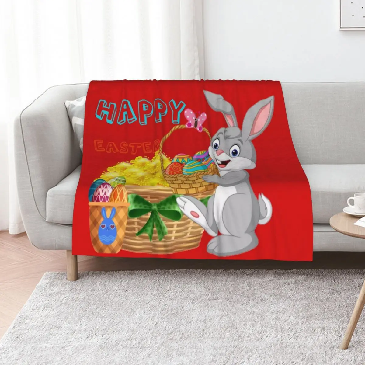 

Happy Easter - Bunny With Dandelions and Easter Eggs Throw Blanket Travel Thermal Bed linens Blankets