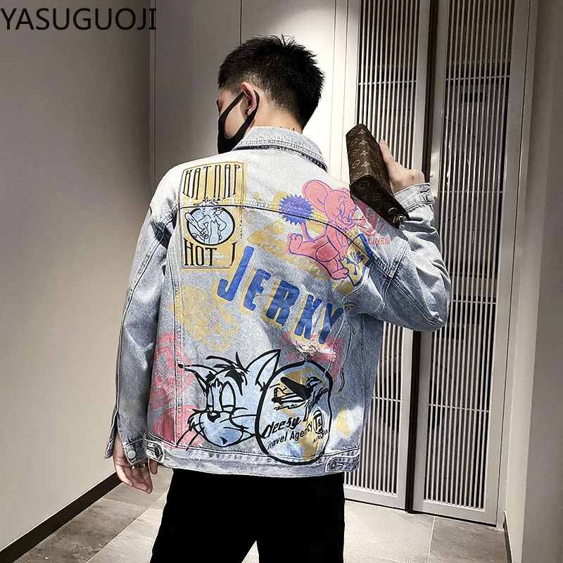 New 2024 Hip Pop Men Denim Jackets Japanese Cartoon Printed Loose Graffiti Jacket Frayed Coat Fashion Jean Jacket Men