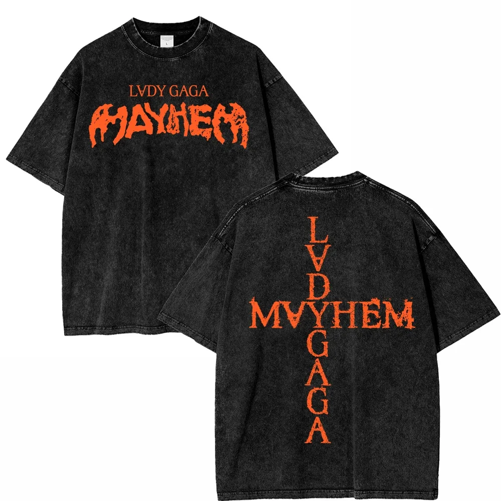 Vintage Lady Gaga Mayhem T Shirt Men Oversized Washed Cotton Graphic Tee Retro Streetwear Casual Summer Short Sleeve