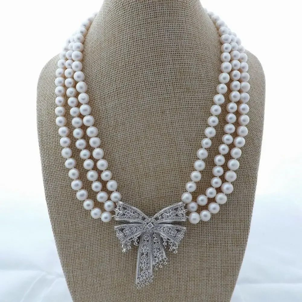 

19''-21'' 3 Rows White Pearl Necklace CZ pave Pendant