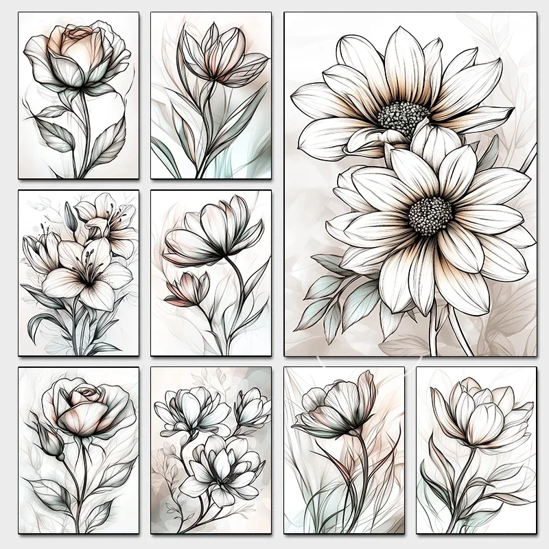Boho Flowers Art Poster Sketch Watercolo Floral Magnolia Botanical Rose Prints Canvas Painting Wall Art Picture Home Room