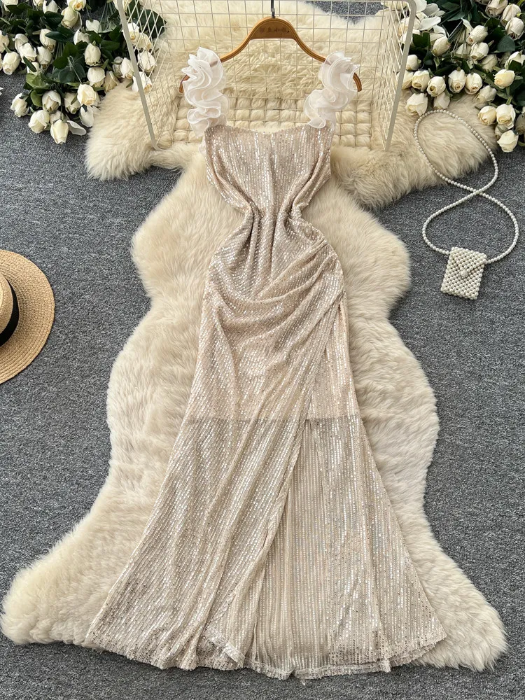 Women's Apricot Slit Cami Sequin Long Dress Party Evening Dress Sexy French Vintage Elegant A-Line Maxi Dress for Women Summer