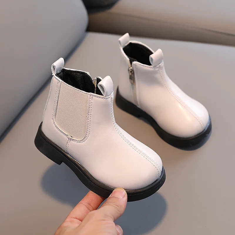 

Children Autumn Winter British Style Single Boots Girls Short Boots Windproof Fashion Boots Boys Warm Side Zipper Solid Color