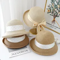 Women's Summer Sun Hat With Dot Ribbon Bow Breathable Straw Beach Hat Retro Wide Brim For Outdoor Travel Bonnet Bucket Hat New