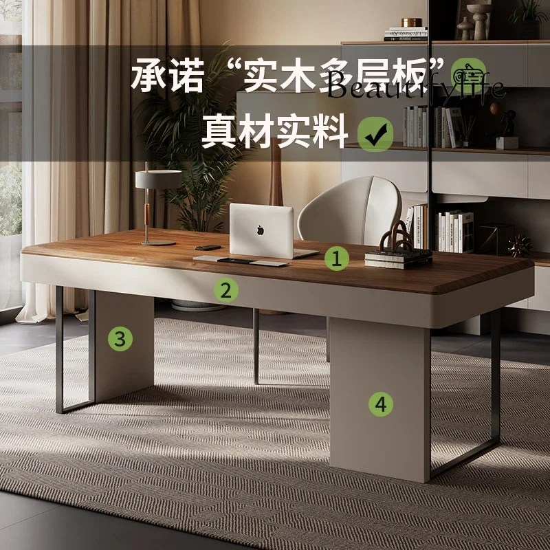 A Walnut Color Modern Simple Solid Wood Desk Italian Light Luxury High-end Study Boss Desk
