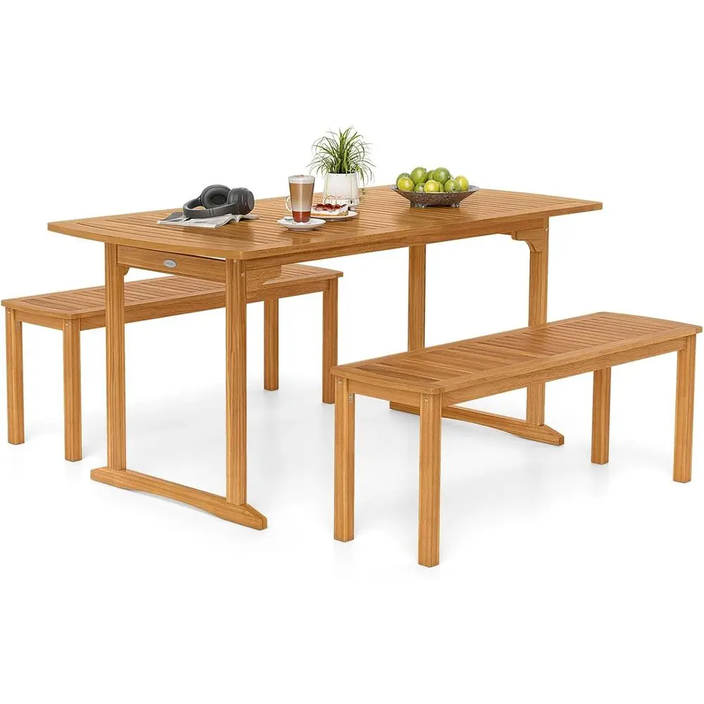 

Outdoor 3-Piece Acacia Patio Dining Set for 4 with Table and Benches, Umbrella Hole Included