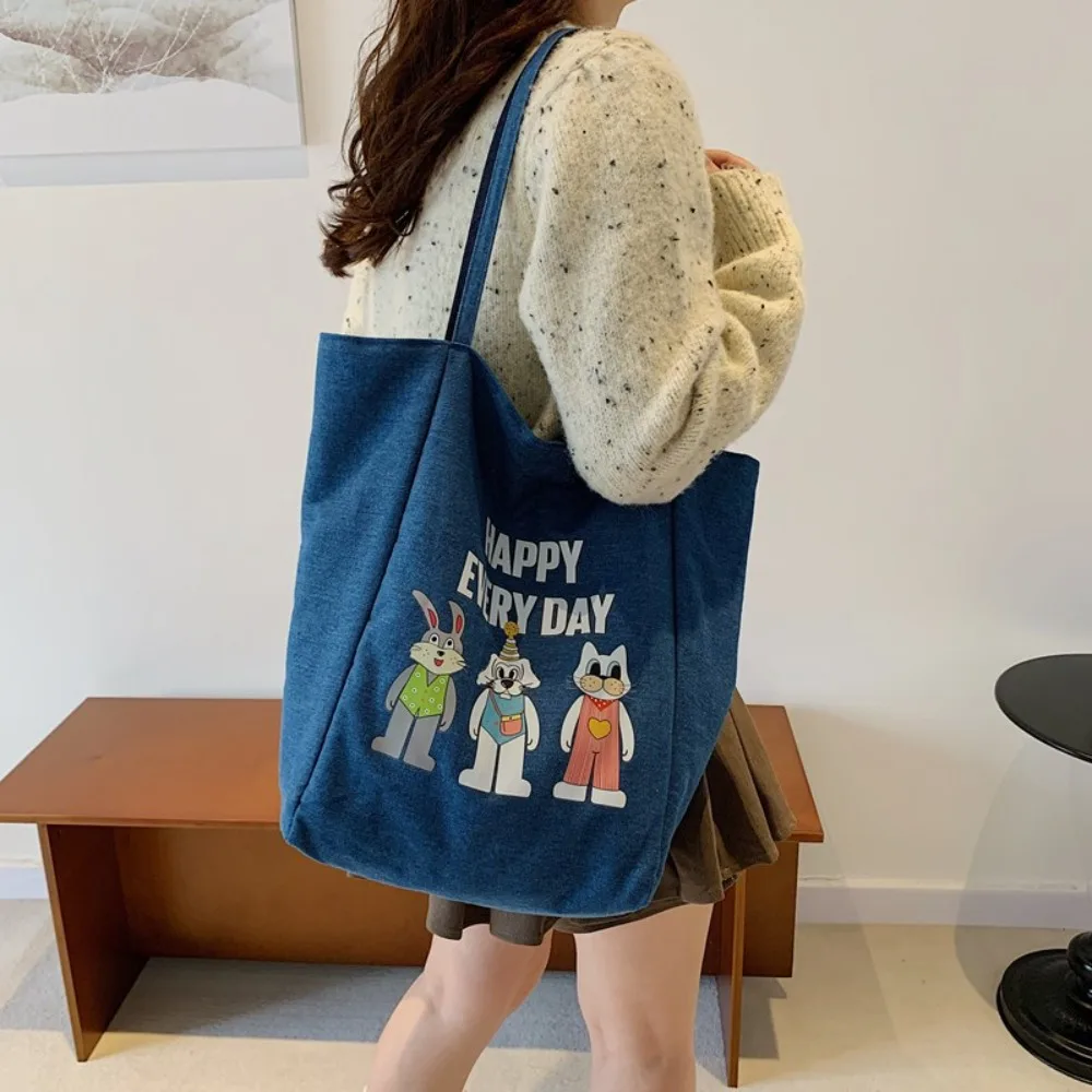Borsa tote bifacciale con animali dei cartoni animati Borsa a tracolla leggera Borsa blu denim Borsa versatile in tela da donna in poliestere Primavera
