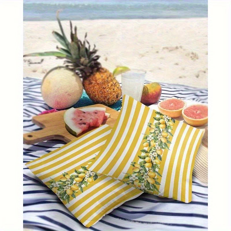 1pc Yellow Stripe Lemon Pillow Cover, Polyester 2D Double-Sided Print, Summer Citrus Fruit & Floral Pattern Art, Coastal Home &