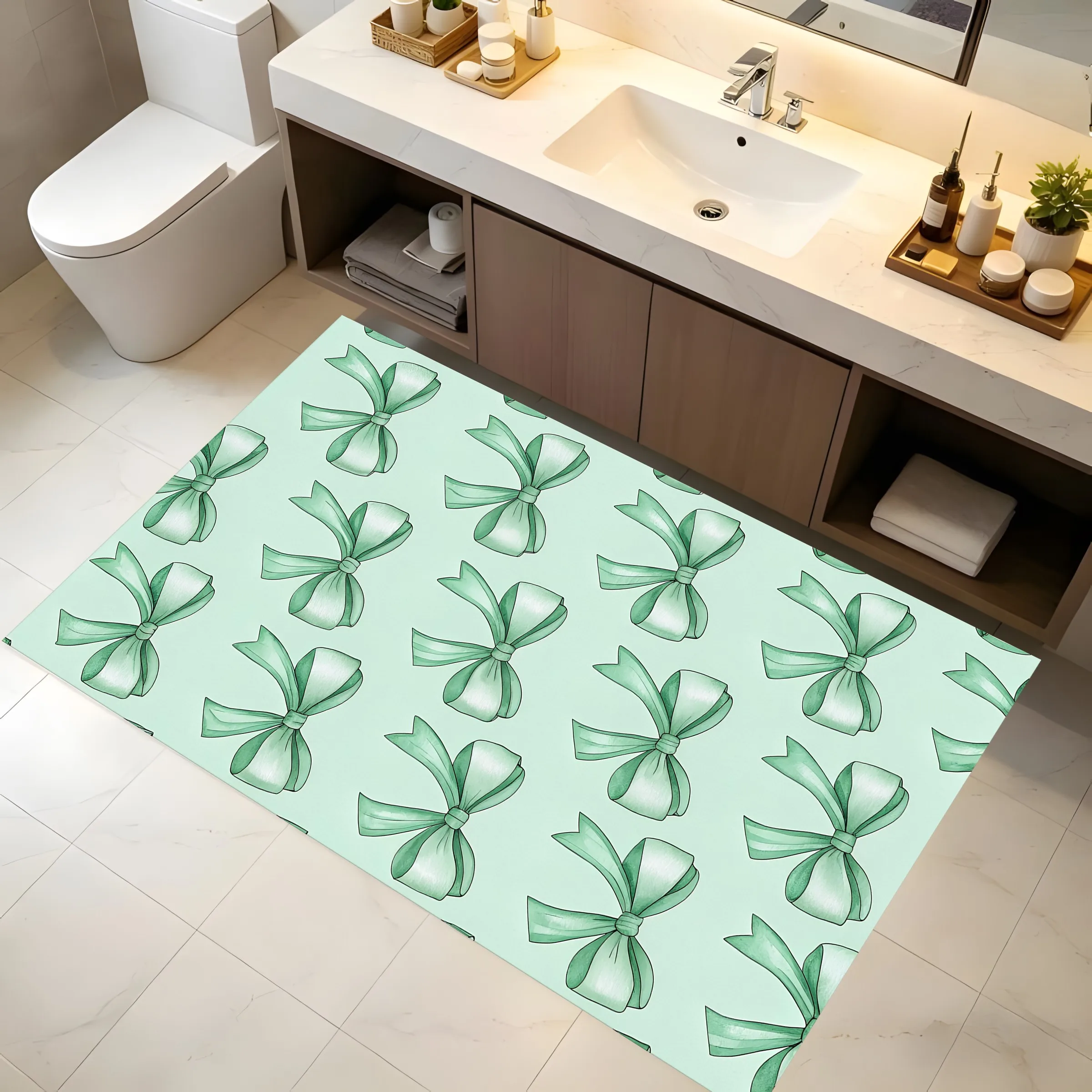 2D Large Light Green Bow Print Rug Fresh Sweet Style Bedroom Living Room Bay Window Carpet