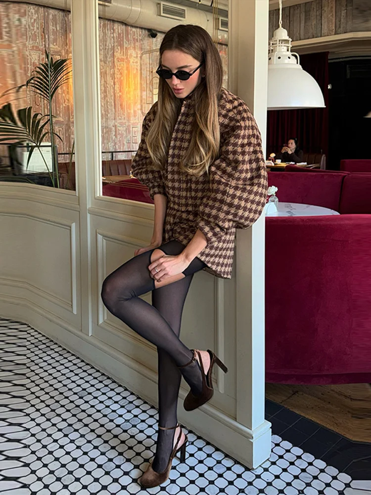 Vintage Braun Frauen Plaid Mantel Kurze Sets 2 Stück Langarm Revers Jacke Hohe Taille Slim Fit Kurze 2025 Dame Mode Outfits – Detail 11