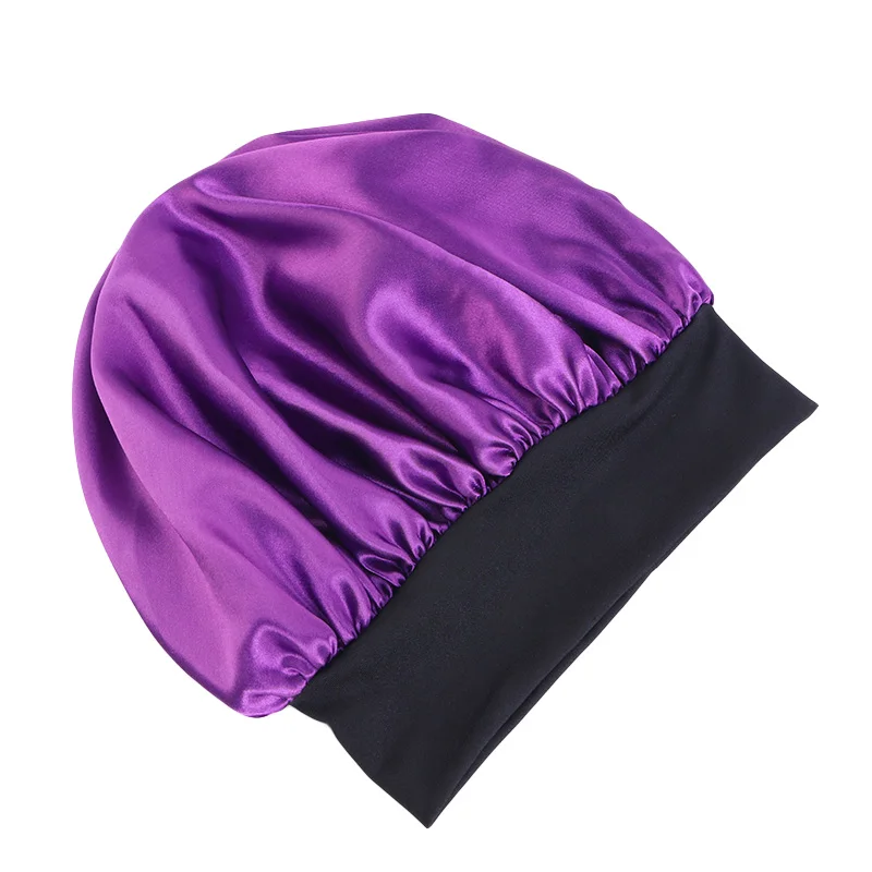 3 TEILE/LOS Frauen Satin Nacht Schlaf Haar Kappen Breites Band Feste Elastische Motorhaube Kopf Abdeckung Schlafen Hut Dusche Kappe Haar Zubehör – Detail 5