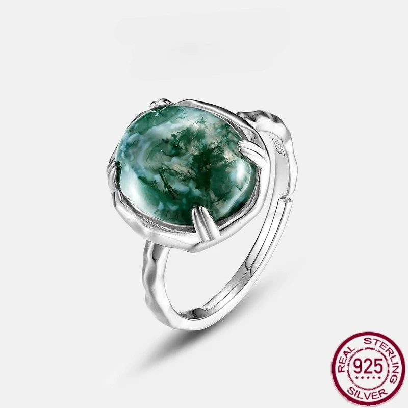 

New S925 Pure Silver Green Moss Four Claw Inlaid Water Grass Agate Finger Ring Vintage Wedding Jewelry