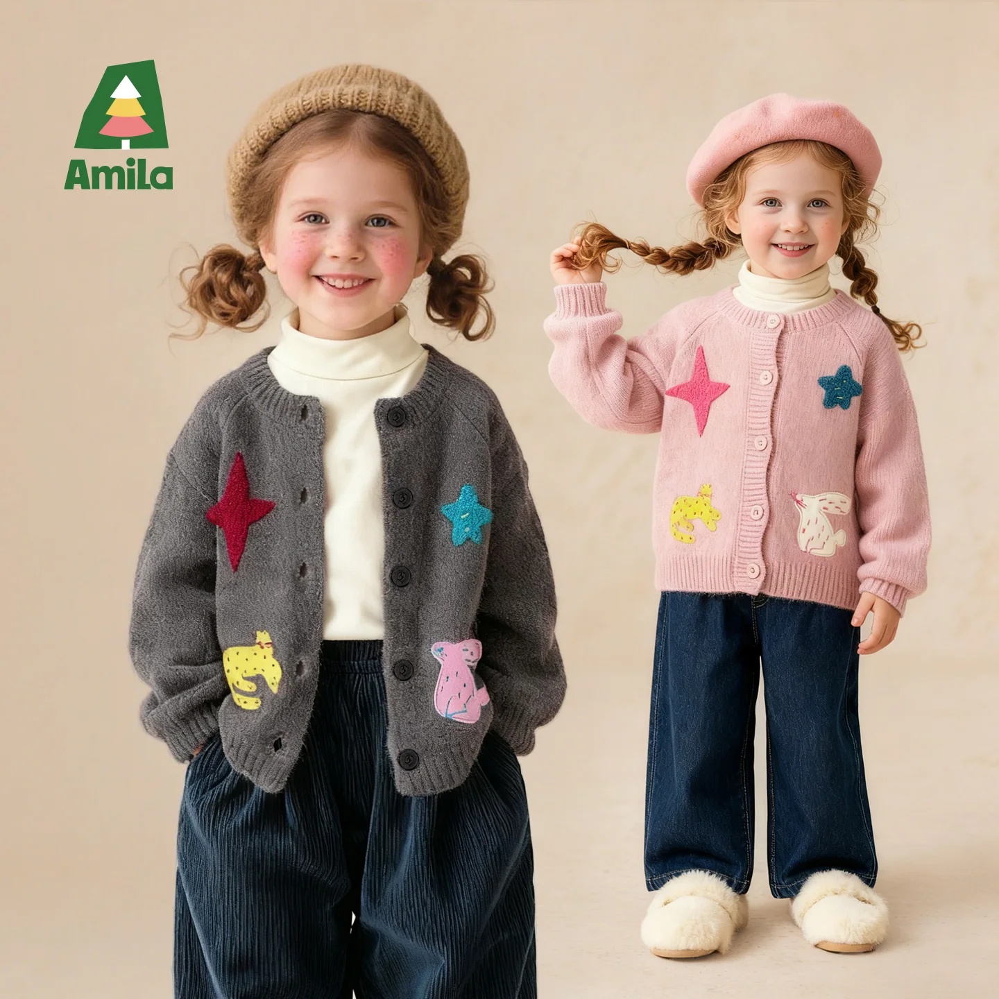 

Детский зимний свитер Amila для девочек, вязаный свитер, украшение с милым узором, мягкий, приятный для кожи, круглый вырез, дизайн на пуговицах, теплый