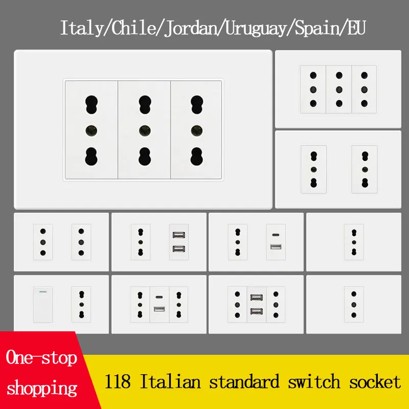 Чили Джордан 10/16A Итальянская розетка USB Type-C для быстрой зарядки с переключателем 1/2/3/4 Gang Управление 118 Тип Настенный скрытый ПК Белый