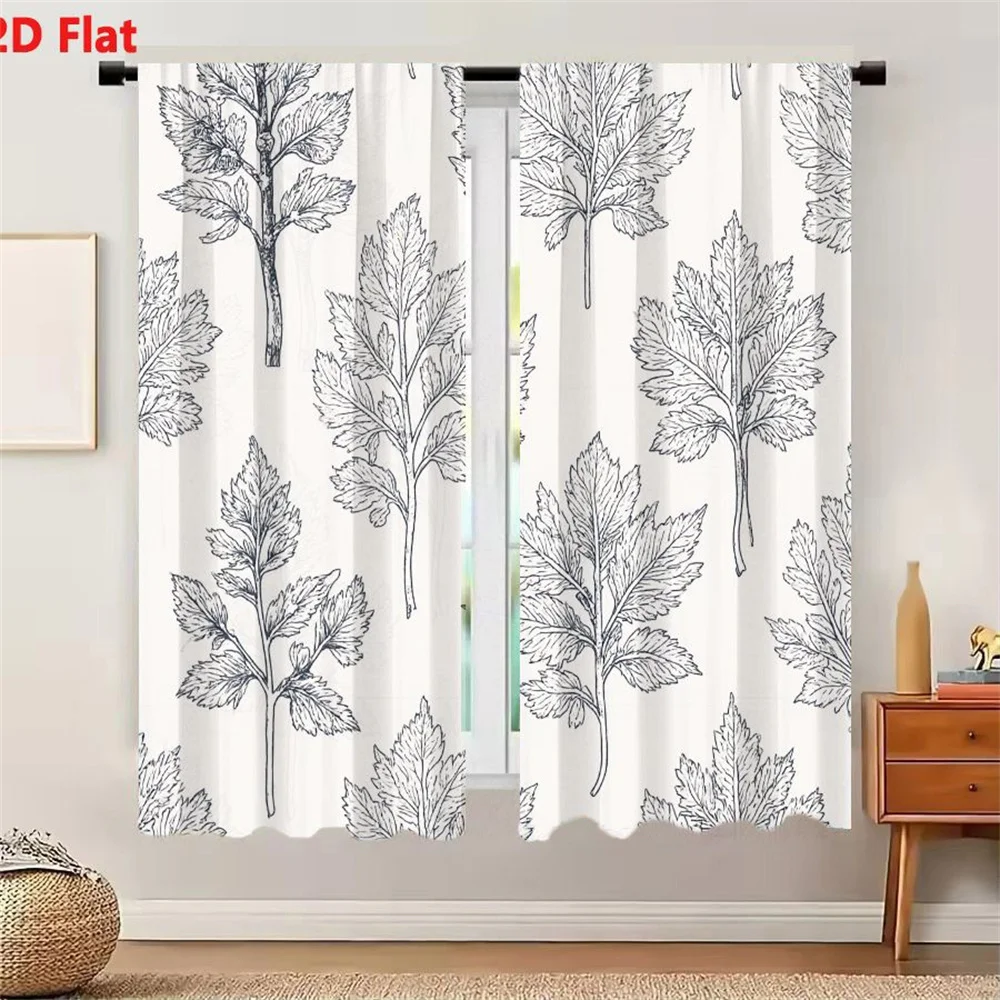 2Pcs Curtains 2D Flat Monochromatic Botanical Branches Pattern White Background Simple Line-Drawn Leafy Foliage Seamless Decorat