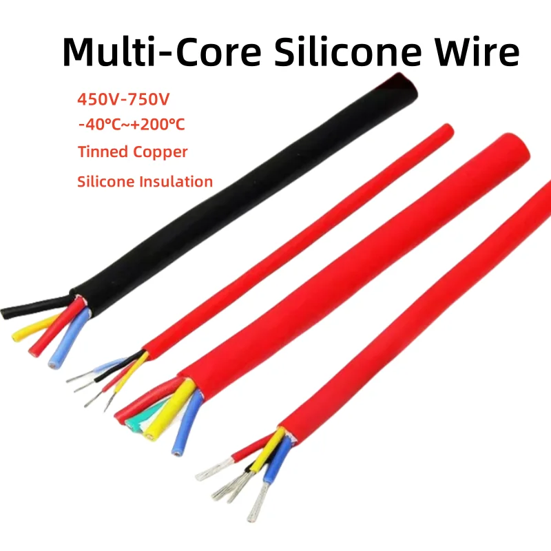 1~1M Flexible Silicone Wire Red/Black Square 0.3 0.5 0.75 1 1.5 2 2.5 4 6mm x 2 3 4 6Cores Tinned Copper High Temperature Cable