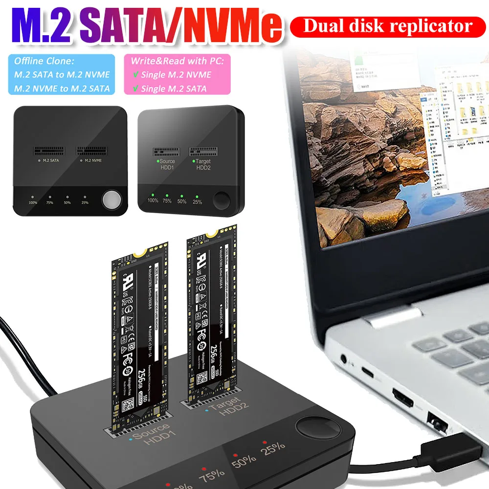 M.2 SATA/NVMe Dual-Bay Docking Station Duplicator Data Transmission M.2 SSD Duplicator with LED Indicator Reading for Store Data