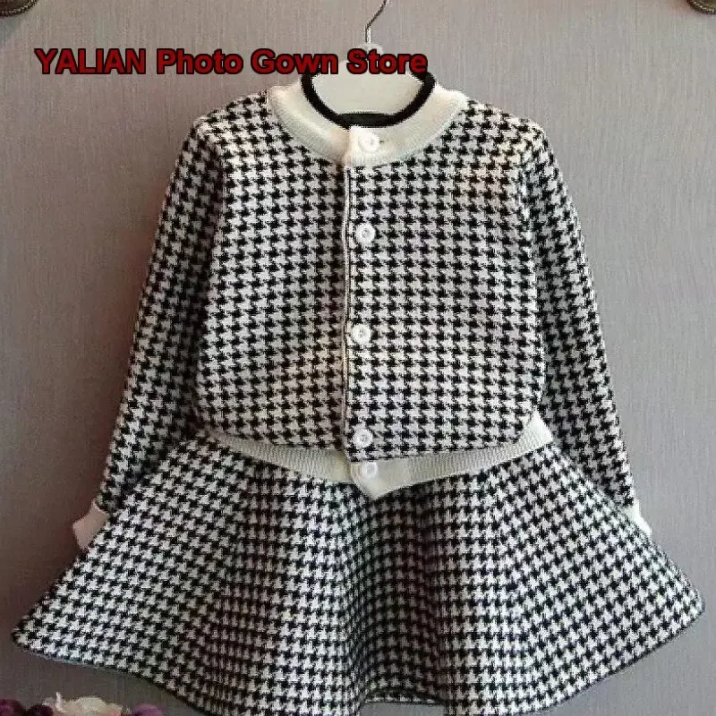 Girls Western Style Two-Piece Set 2022 Spring Autumn Houndstooth Knit Dress and Skirt for Girls Kids