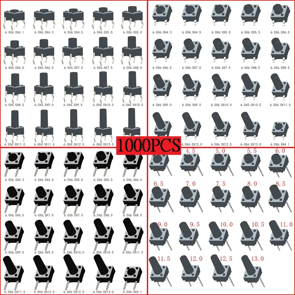 1000pcs 4Types Mini Button 6x6mm H=4.1/4.3/4.5/5/6/7/8/9/10/11/12/13mm Black Mini Push Button Momentary Tactical Button Switch