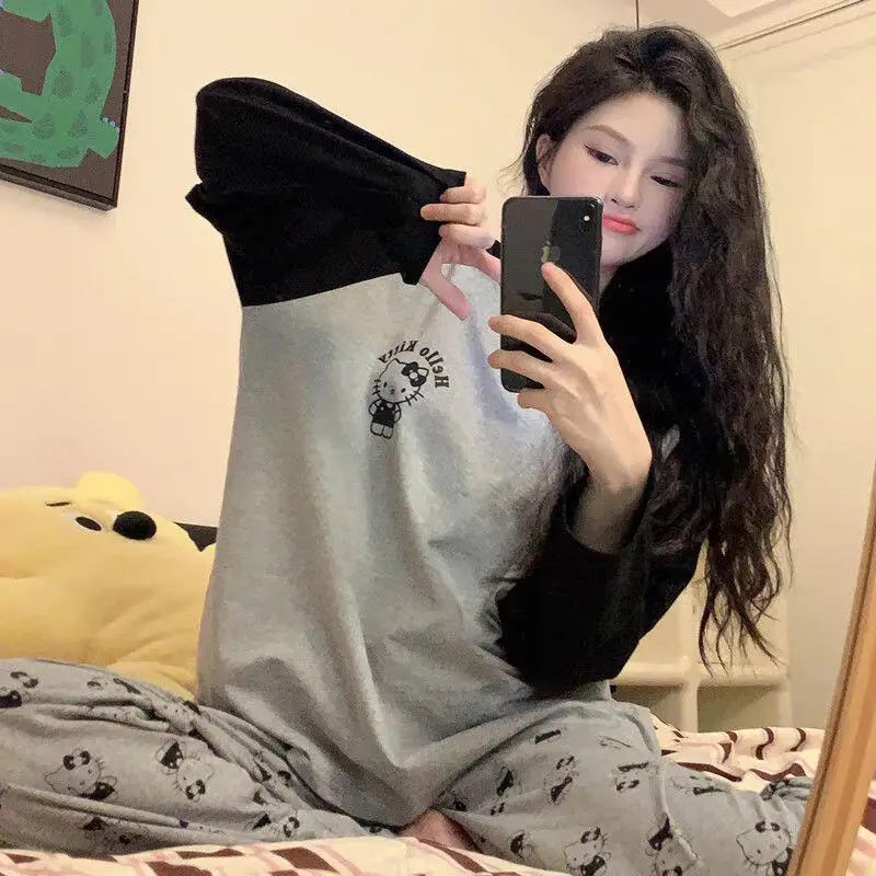 

Sanrio Sleepwear 2 шт. Hello Kitty из чистого хлопка с длинными рукавами, новый стиль, брюки, осенняя повседневная домашняя одежда, весенне-осенний стиль, хит продаж