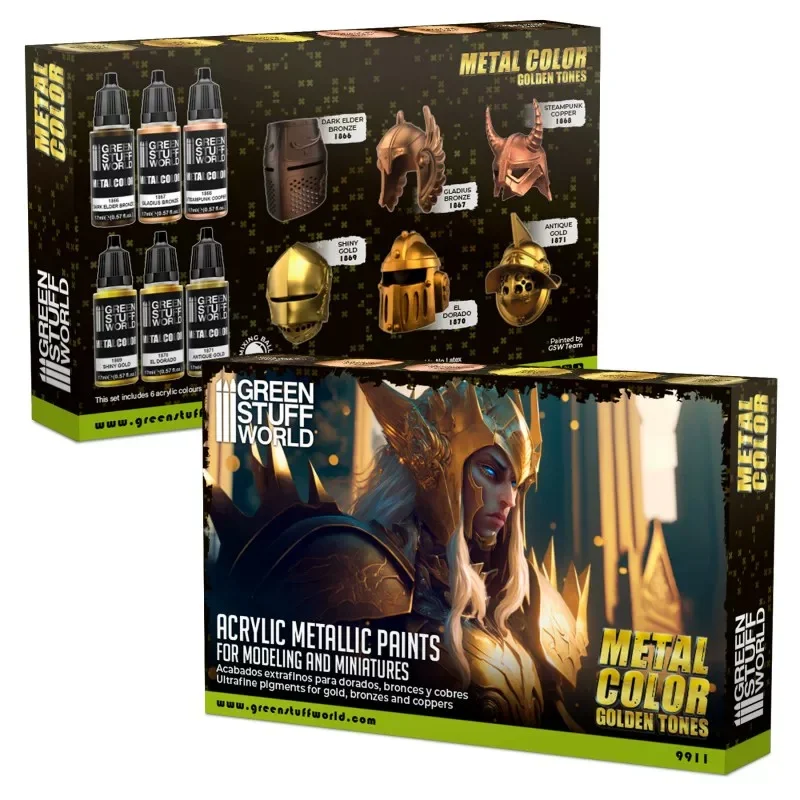 Green Stuff World Metallic Acrylic Paint Set 6x17ML Water Based Model Paint for Miniature Figure Brush Airbrush Hobby Supplies