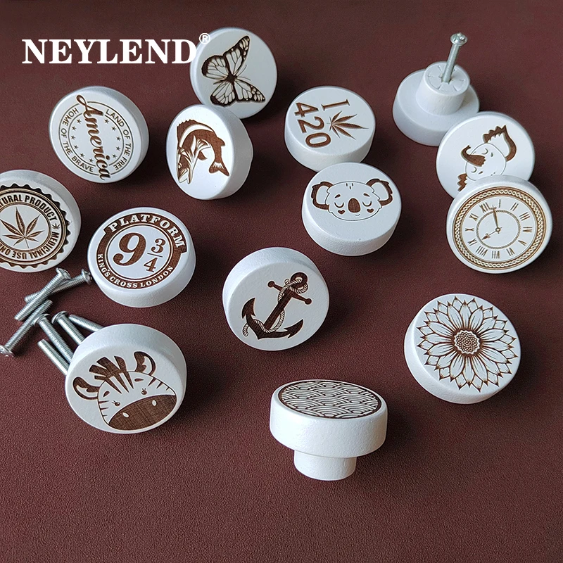 Wooden Engraved Animals Bedroom White Dresser Drawer Knobs Cabinet Pulls Nature Wood Kids Pulls Children Room Furniture Handles