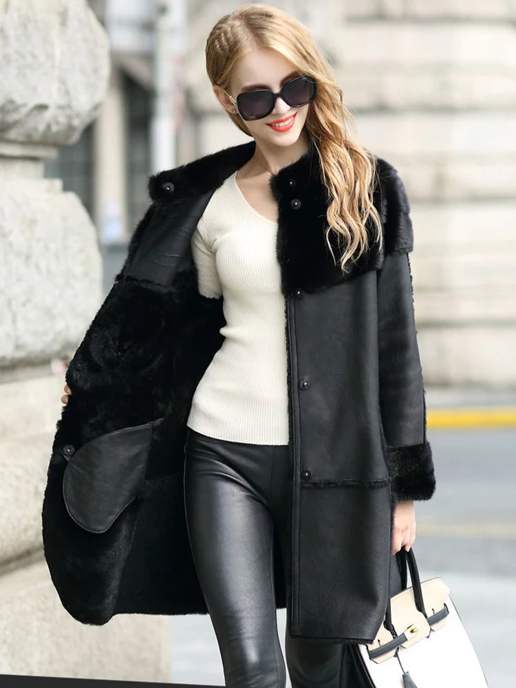 เสื้อโค้ทขนแกะแท้ KMETRAM พร้อมขนแกะติดตัว แฟชั่นระดับไฮเอนด์ สีดำยาว ฤดูหนาว 2025 เสื้อแจ็คเก็ตผู้หญิง ขนสัตว์สำหรับผู้หญิง