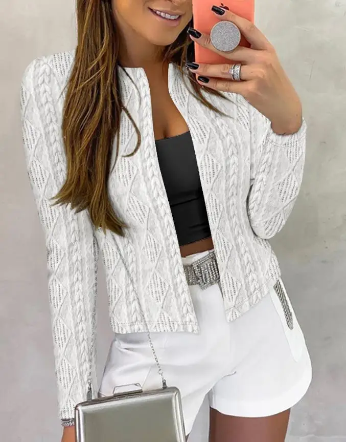 

Jacquard and Diamond Pattern Open Front Jacket for Casual Wear