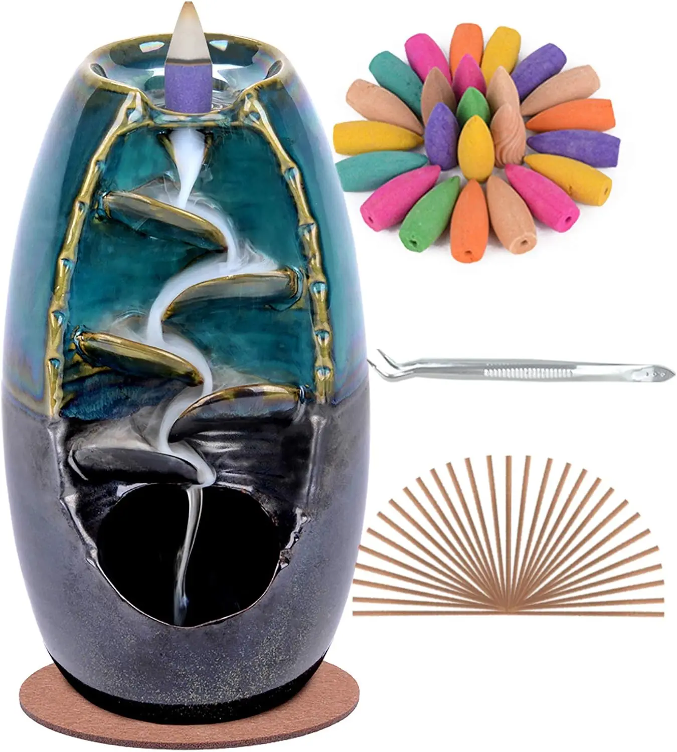 SPACEKEEPER Blue Ceramic Waterfall Backflow Incense Holder Set with 120 Cones & 30 Sticks