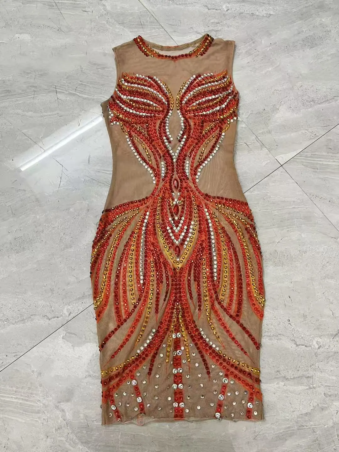 Women Sparkly Rhinestones Mesh Mini Dress Transparent Sleeveless Bodycon Evening Club Party Short Dress Sexy Cocktail Stage Wear view 6