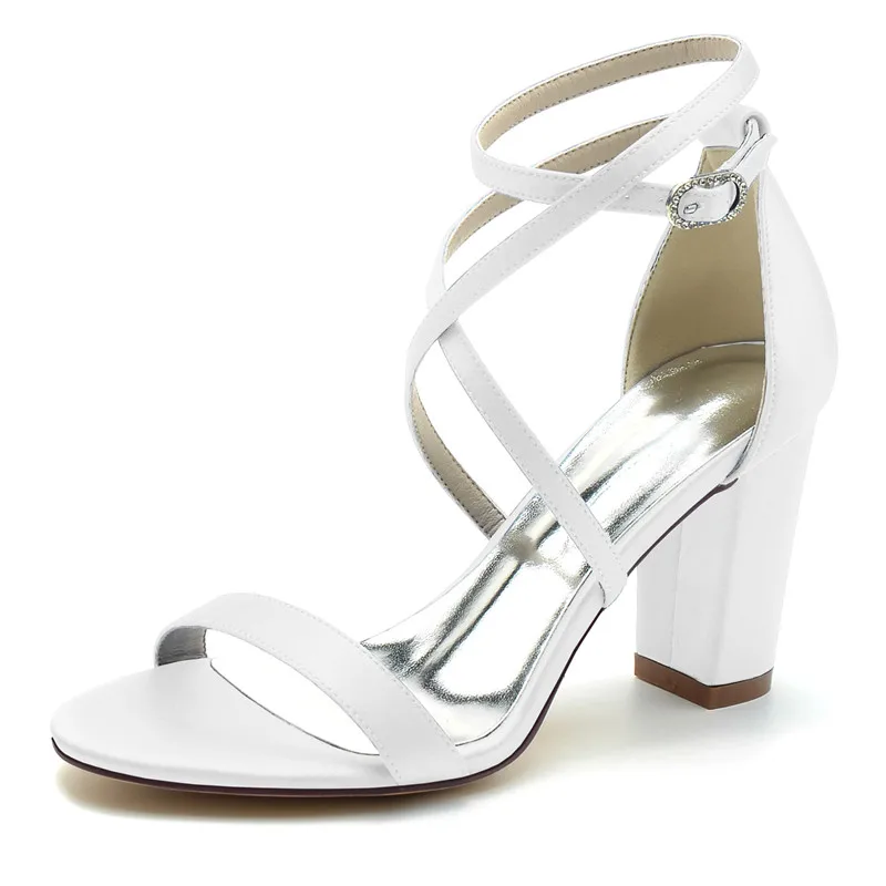 Satin Block Heel Wedding Bridal Sandals Shoes Open Toe Cross Strap Buckle Prom Evening Formal Party Heeled Sandals Women