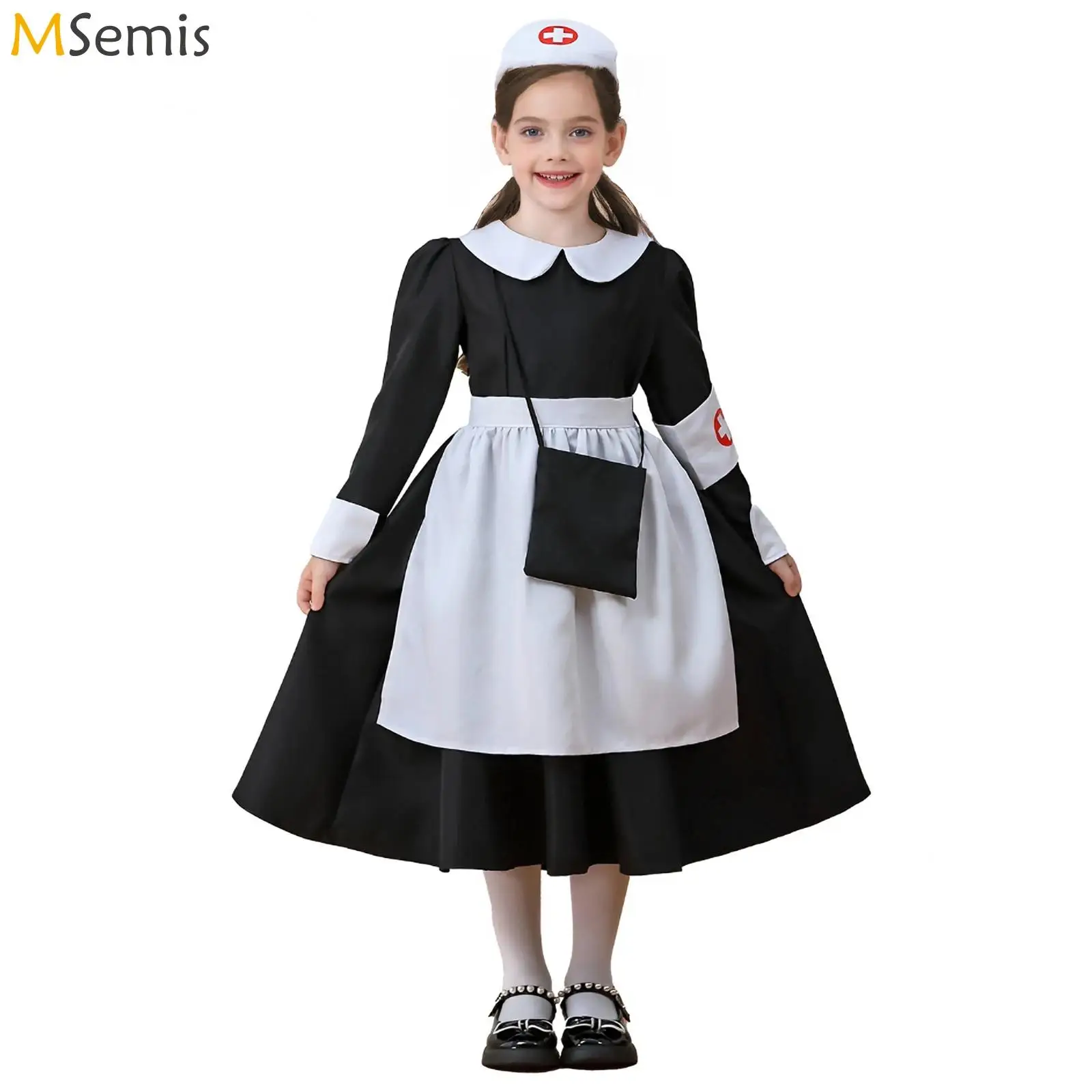 

Girl Nurse Doctor Maid Dress Halloween Cosplay Costume Back Zipper Ruffled Dress And Print Headwear Armband And Apron