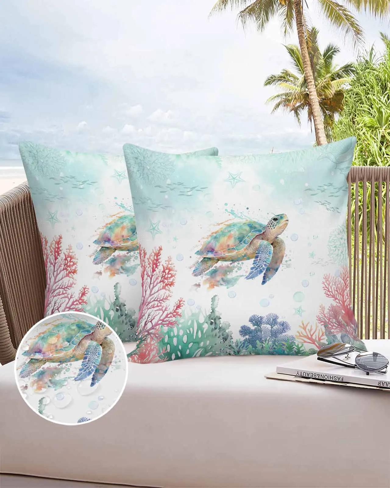 

Watercolor Turtle Coral Marine Blue Submarine 2/4PCS Pillowcase Waterproof Sofa Pillow Cover Garden Cushion Covers Home Decor