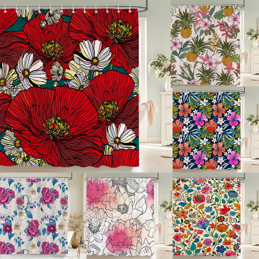 Watercolor Flowers Floral Shower Curtains Pastoral Spring Greenery Plants Home Decor for Bathroom Polyester Fabric Bath Curtain