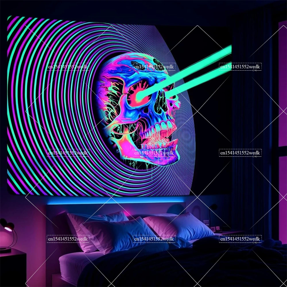Blacklight 3D Illusion Tapestry Skull Eye Glow In The Dark Neon UV Reactive Circle Tunnel Tapestry Room Decor Aesthetic Tapestry