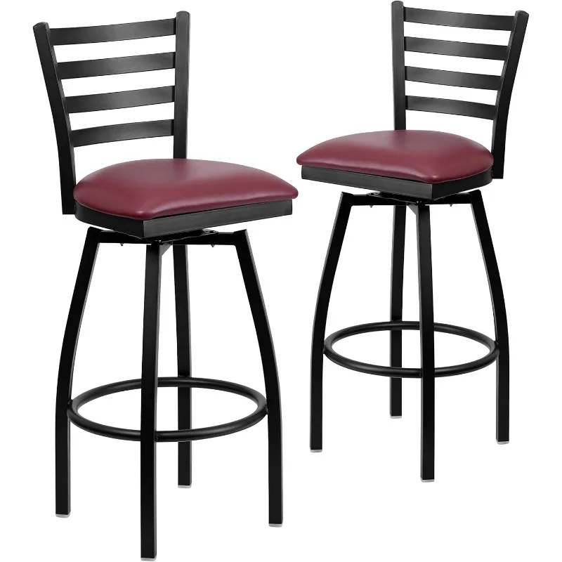 2 Pack  Series Black Ladder Back Swivel Metal Barstool - Burgundy Vinyl Seat